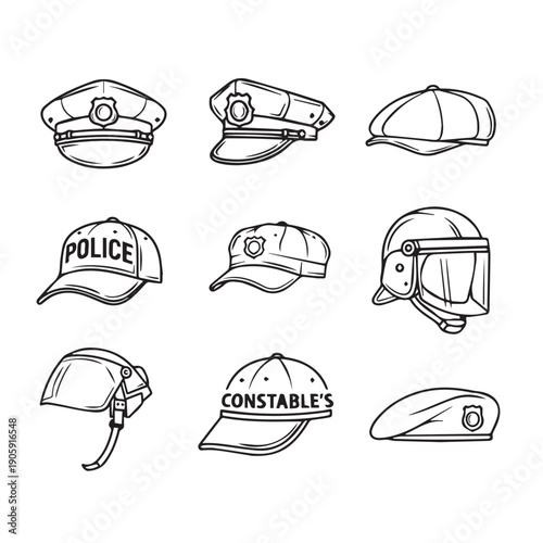 Collection of Law Enforcement Headwear Icons: Caps, Helmets, Berets, Stock Vector Art