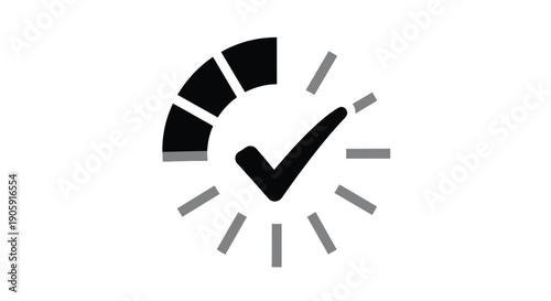 Circular progress meter displaying a completed segment with a centered checkmark indicates success.