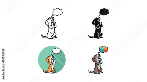 Dog praying or begging with a thought bubble, in outline, silhouette, and color styles.