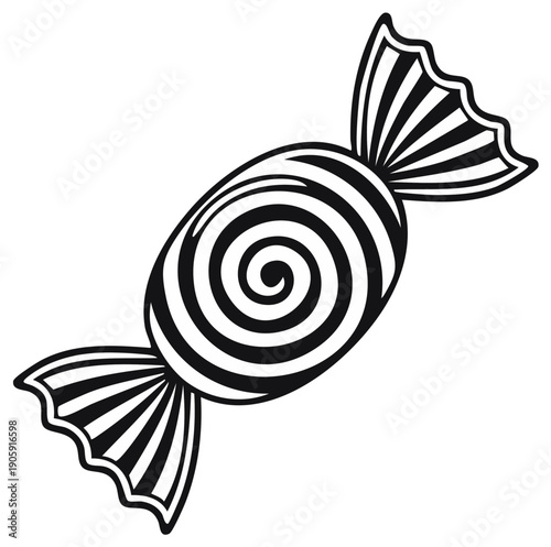 Black and white swirl patterned wrapped candy illustration