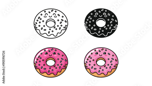 Smiling cartoon donut with sprinkles, available in line art, silhouette, and colorful versions.