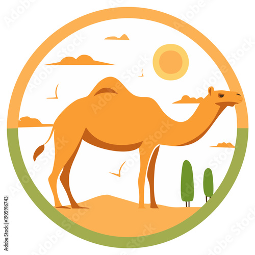 Stylized camel in a circular desert landscape illustration with sun clouds and oasis