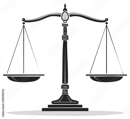 Justice scale illustration, balanced symbol of law, concept of fairness, and court system