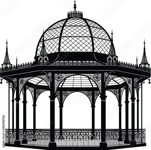 Ornate gazebo silhouette illustration, decorative pavilion vector, architectural dome artwork, garden structure design, outdoor park icon, historical lattice drawing