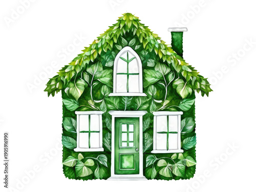 A whimsical dwelling constructed from fallen leaves and featuring a vibrant green door