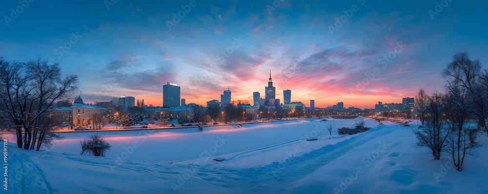 Fototapeta premium Snowy dawn in a quiet capital city, glowing skyline, tranquil winter atmosphere