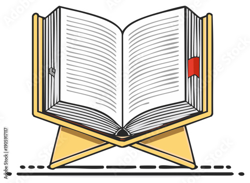 Open holy book resting on a decorative wooden stand with bookmarks inside