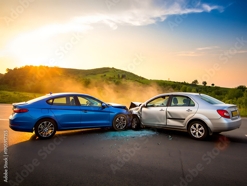 Two cars crashed on road with damaged front sides  accident scene