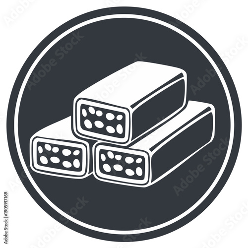 Illustration of three stacked candies inside a dark circle.