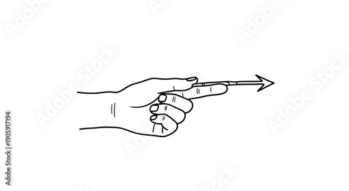 Human hand points forward with an extended index finger forming an arrow shape against white.