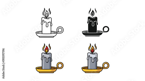 Burning Candle Icons: Lit Flame in Holder, Outline, Silhouette, and Color