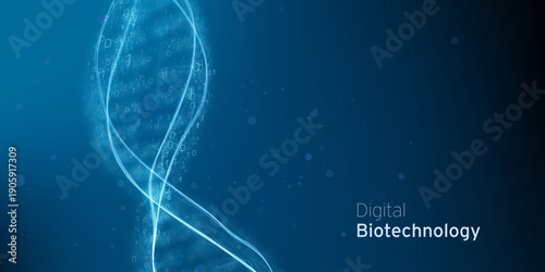 Abstract blue DNA molecule, double helix Technology illustration. Gene digital biotechnology futuristic concept. Biology genetic research backdrop.