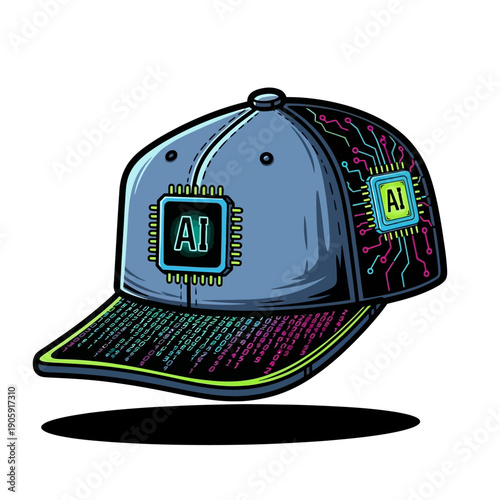 Stylized baseball cap featuring prominent artificial intelligence iconography with glowing circuit patterns and embedded numerical data designs