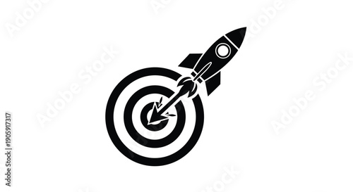 Rocket launches directly into the center of a bullseye target representing successful goal.