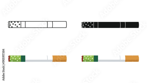 Cigarette icons in outline, silhouette, and color styles, showing the filter and tobacco end.