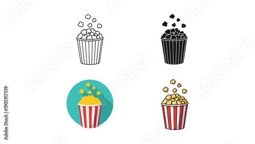 Popcorn icons in various styles, showing a bucket overflowing with fluffy kernels.