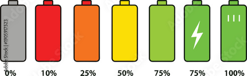 Colorful Battery Life Indicator Icons Set with Percentage Levels From Zero to Full Charge Isolated on White Background for Mobile Interface Power and Energy Status