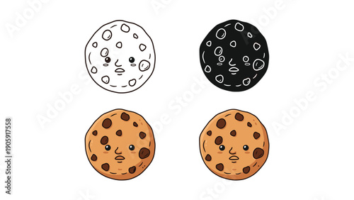 Adorable cartoon cookie icons with happy faces, in outline, silhouette, and colorful designs.