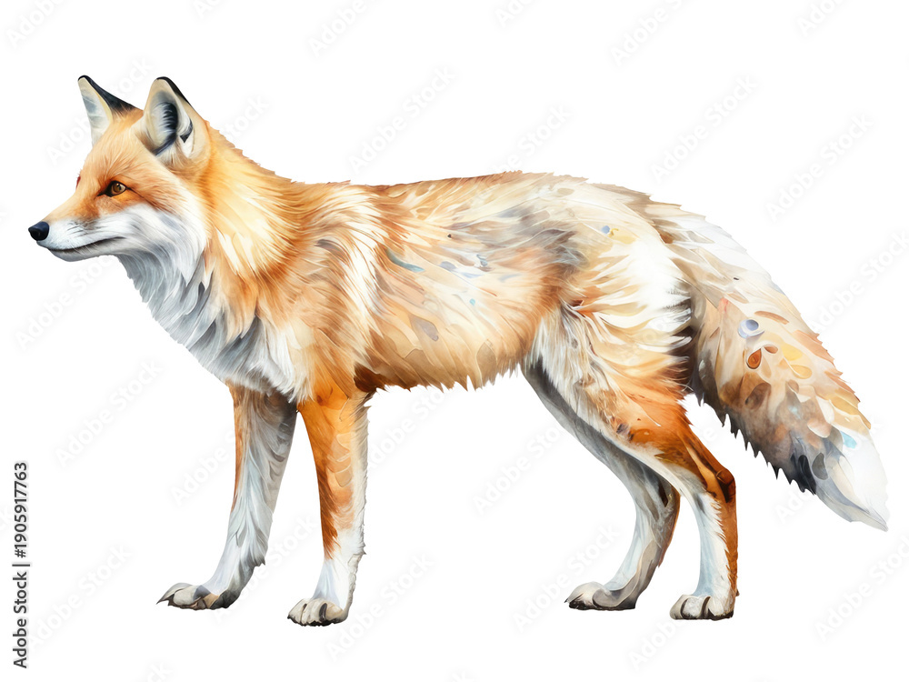 Naklejka premium A whimsical watercolor illustration of a fox sitting on a white background