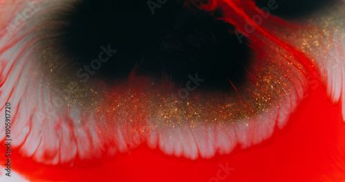 Wet blob defocused. Paint spill. Black white golden sparkling fluid wave blend color on red background. Abstract art watercolor splash.