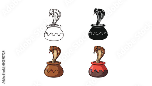 Indian Cobra in Pot Icon Set: Outline, Silhouette, and Realistic Styles for Exotic and Danger Themes