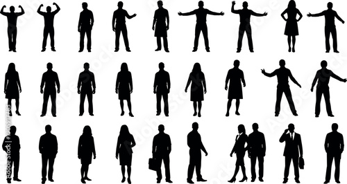 Black silhouettes of diverse business people men and women standing in various poses professional figures isolated on white background vector