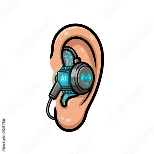 Illustration depicts advanced artificial intelligence integrated audio technology implanted within a human ear showing futuristic digital connectivity and smart hearing enhancement concepts.