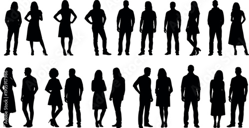 Collection of diverse people silhouettes standing in various poses and casual clothing isolated on white background for community and fashion design