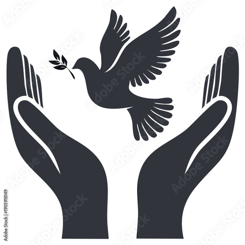 Dove carrying olive branch flying between open cupped hands symbolizing peace and hope
