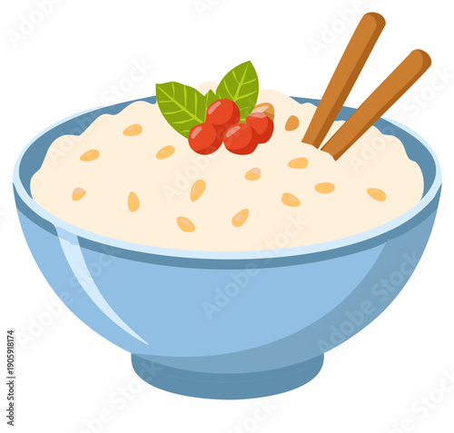 Bowl of Oatmeal Topped with Berries Cinnamon Sticks and Pine Nuts for a Healthy Breakfast