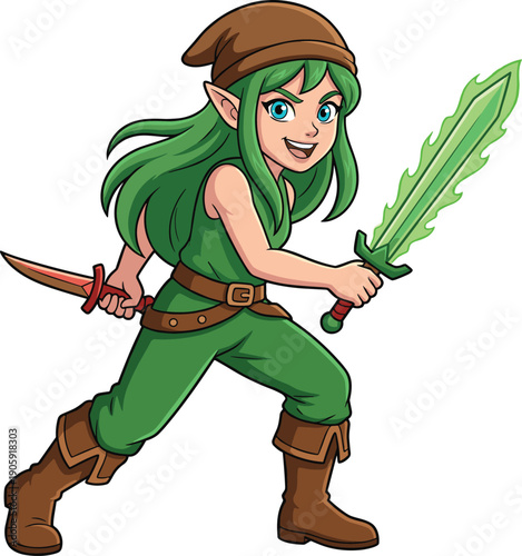 Cute anime elf girl warrior with green hair holding magic glowing sword and dagger in adventure pose isolated on white background digital illustration