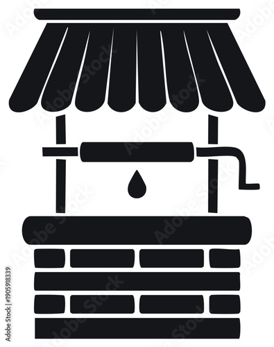 Stylized well icon with awning and water drop. Symbol of hydration with classic design for a rural, farming theme.