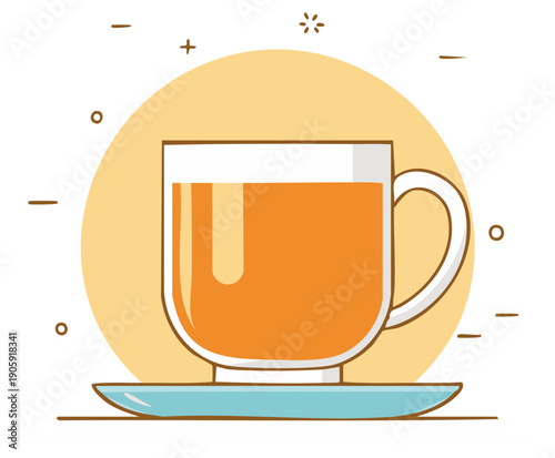 Glass cup of tea on saucer with orange beverage and decorative elements in simple line art style