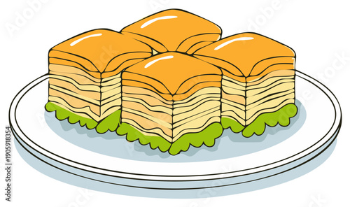 Baklava sweet squares on a white plate delicious oriental dessert cartoon style vector drawing