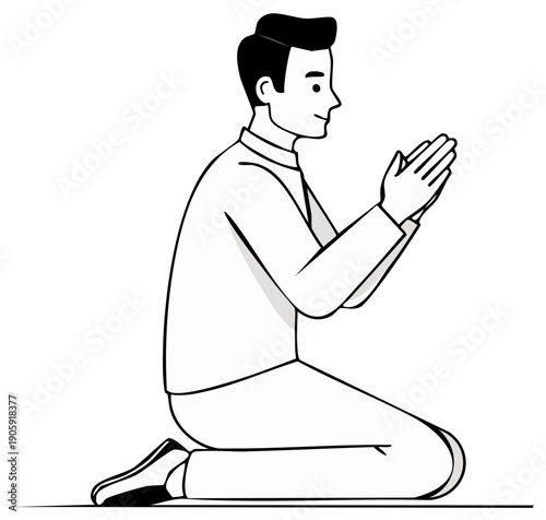 Man kneeling in prayer monochrome illustration spiritual practice supplication asking devotion reverence