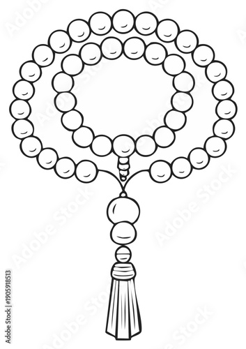 Vector art showing beads on string creating prayer mala with tassel for meditation and spiritual practice with black outline.