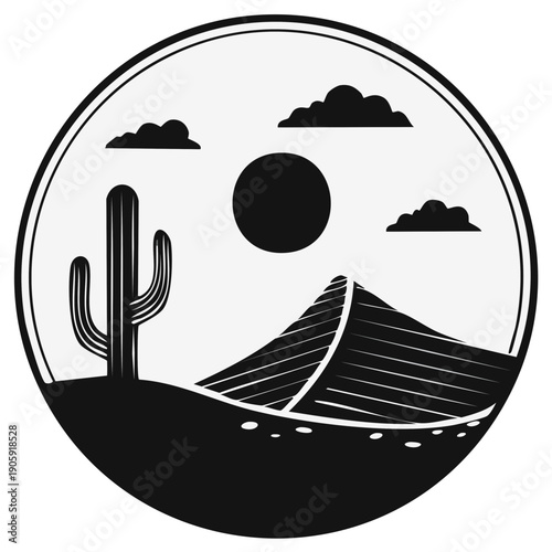 Desert landscape with cactus, dunes, sun, and clouds inside a circle frame in a black and white design