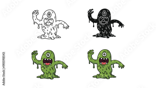 Green Monster Icon Collection: Outline, Silhouette, and Color Variations for Scary Fun
