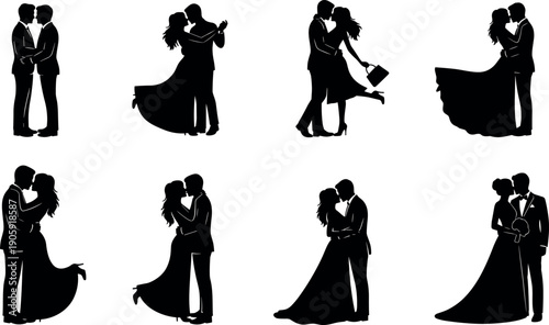 Elegant romantic couple silhouettes collection featuring bride and groom in various wedding poses, dancing, embracing, and kissing for marriage designs