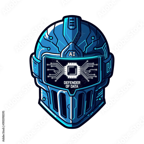 Stylized illustration of a futuristic blue robotic knight helmet featuring an illuminated visor displaying circuit board graphics and the text ai defender of data.