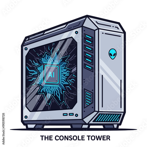 Sleek futuristic gaming computer tower featuring illuminated ai processing chip and glowing blue alien logo illustration