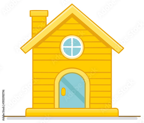 Charming Yellow Cartoon House with Chimney, Arched Door and Round Window - Vector Illustration