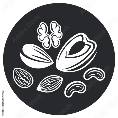 Assortment of healthy organic nuts and dried fruits in a clean graphic icon on a dark circular background.