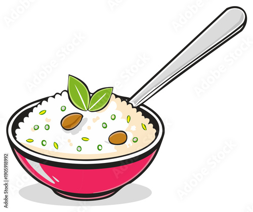 Healthy breakfast porridge with almonds and mint leaves in a pink bowl with a spoon