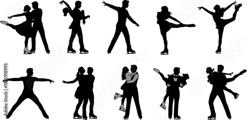 Figure Skating Silhouettes Set with Professional Ice Dancers Performing Artistic Jumps Spirals Pairs Lifts and Elegant Poses for Winter Sports Design