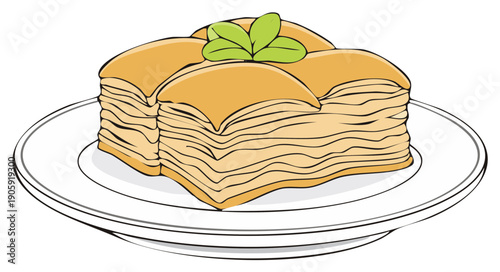 Baklava Pastry Illustration on a White Plate with Mint Leaves