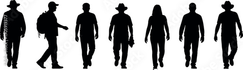 Group of diverse people walking forward in black silhouette style including men and women wearing casual clothes hats and backpacks