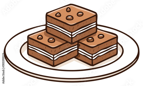 Stacked brownie squares with white frosting and chocolate chips on a white plate, sweets and dessert concept, illustration