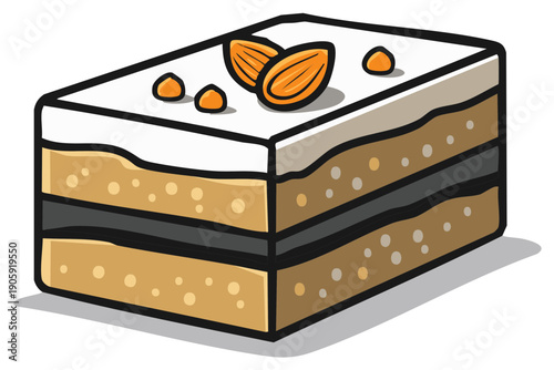 Illustration of a delicious layered pastry with almonds and frosting