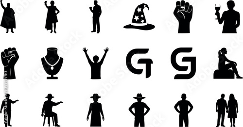 Large set of black vector silhouettes featuring diverse people, lifestyle poses, fashion icons, hand gestures, and abstract geometric graphic logos.